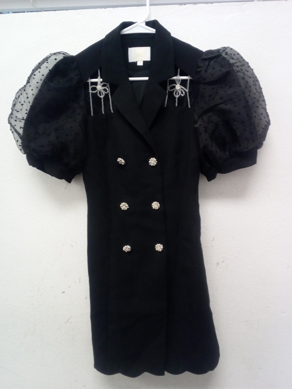 Black Puff-Sleeve Double-Breasted Mini Dress with Crystal Buttons